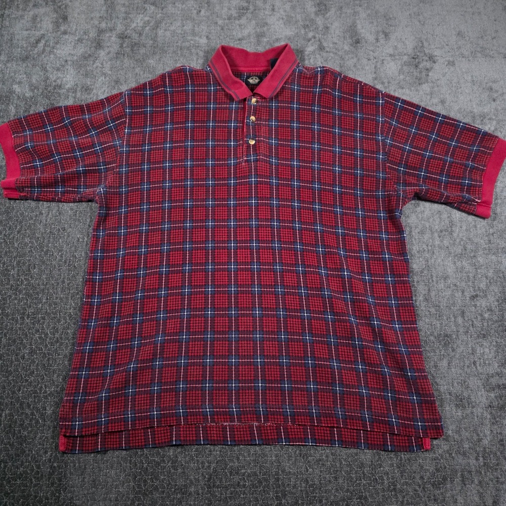 Vintage Dockers Mens XL Red Navy Blue Plaid Cotton Short Sleeve Polo Shirt USA